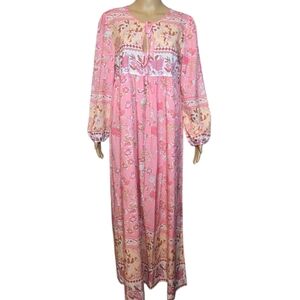 Indian Dress Vintage Floral Boho Cotton Maxi Pink Womens Size Medium
